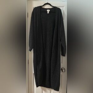 H&M Long Open-Front Ribbed Cardigan in Charcoal Gray